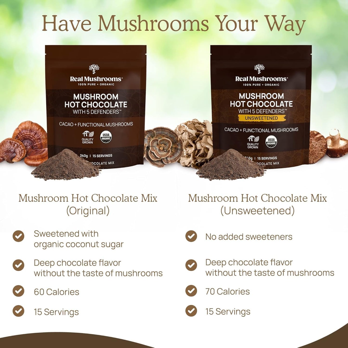 Real Mushrooms Organic Hot Chocolate Mix โ 5 Defenders Cacao, Vegan, Gluten-Free