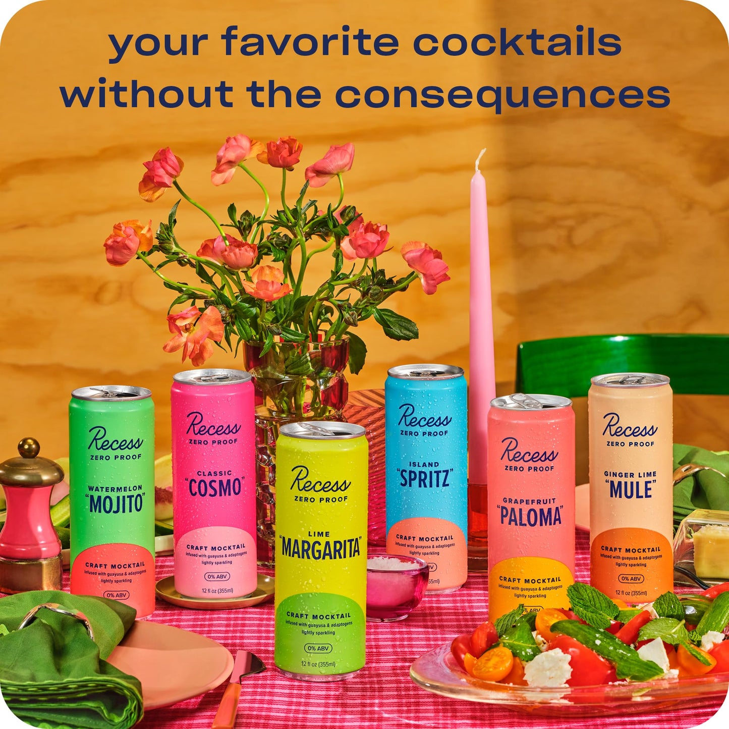 Recess Zero Proof Craft Mocktails โ Alcohol-Free, Adaptogen-Infused 12oz 12-Pack Happy Hour Sampler