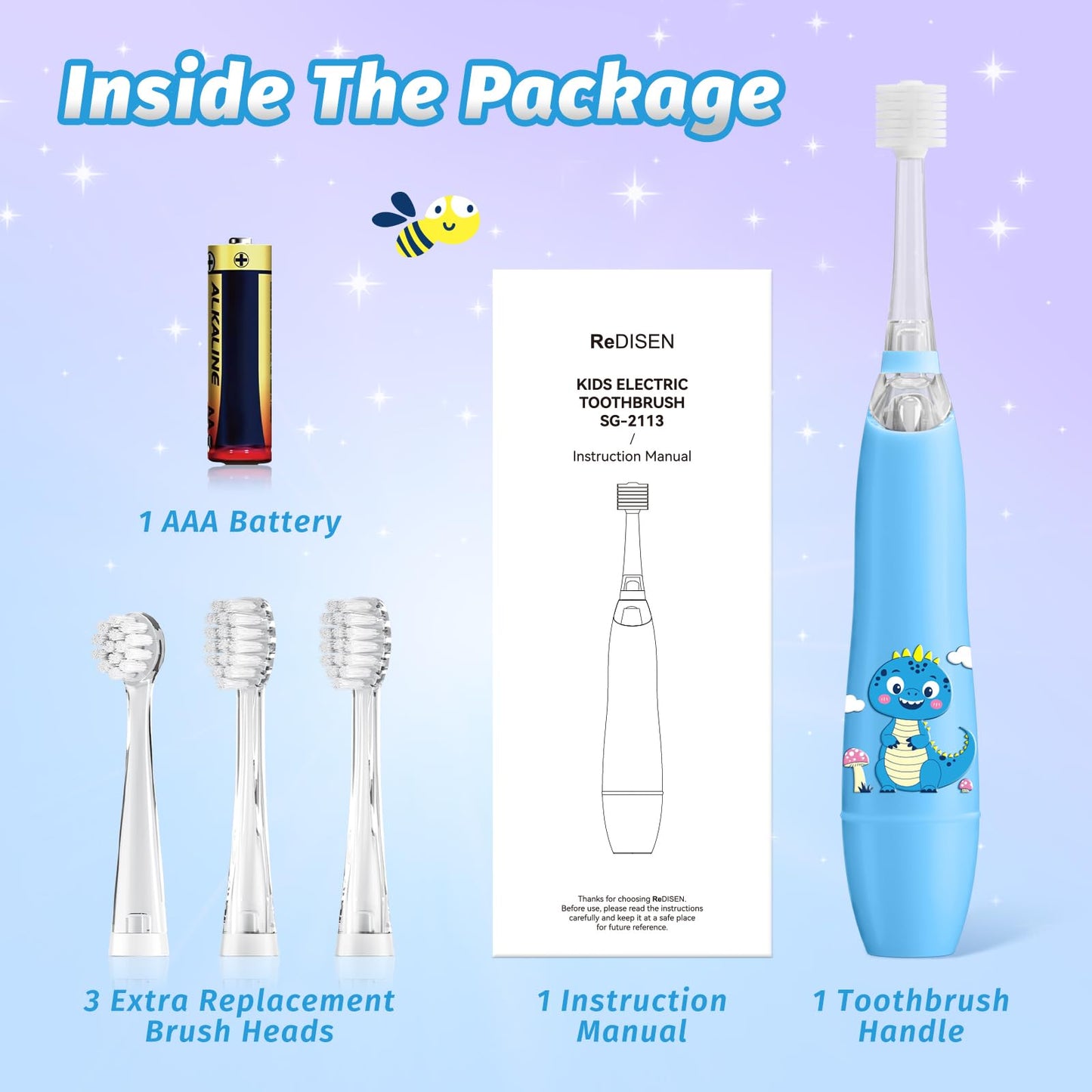 ReDISEN Kids Electric Toothbrush โ Sonic for Toddlers | 2-Min Timer, Blue Dinosaur