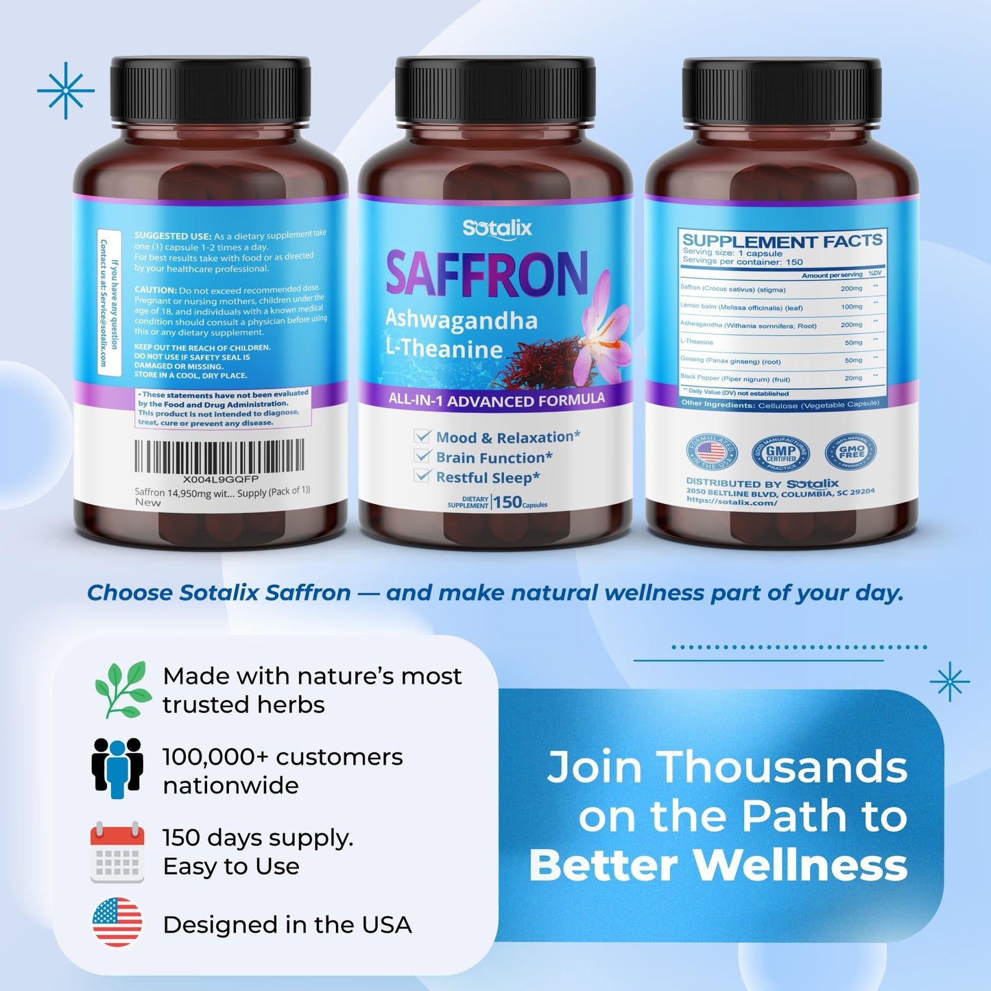 Saffron with Ashwagandha, Ginseng, L-Theanine, Relaxation, Restore โ USA Made & Tested (150-day Supply, Pack of 1)