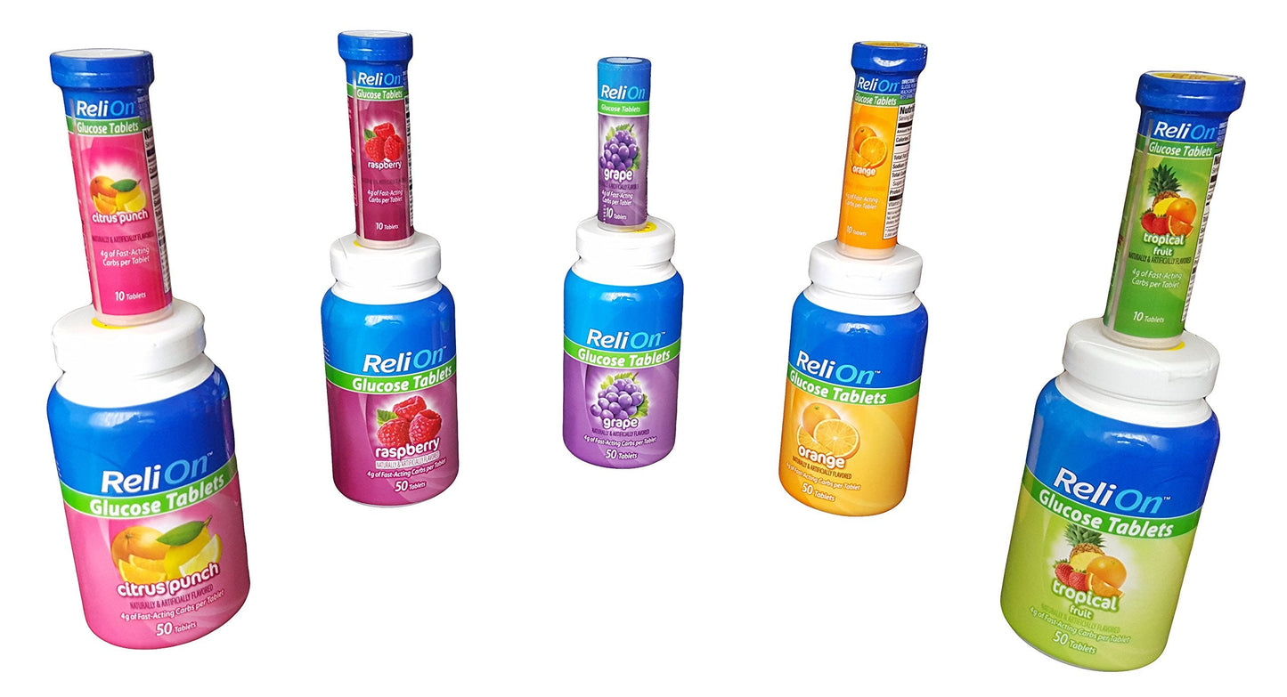 ReliOn Glucose Tablets โ Tropical Fruit Flavor, 50 Count with On-The-Go Tube