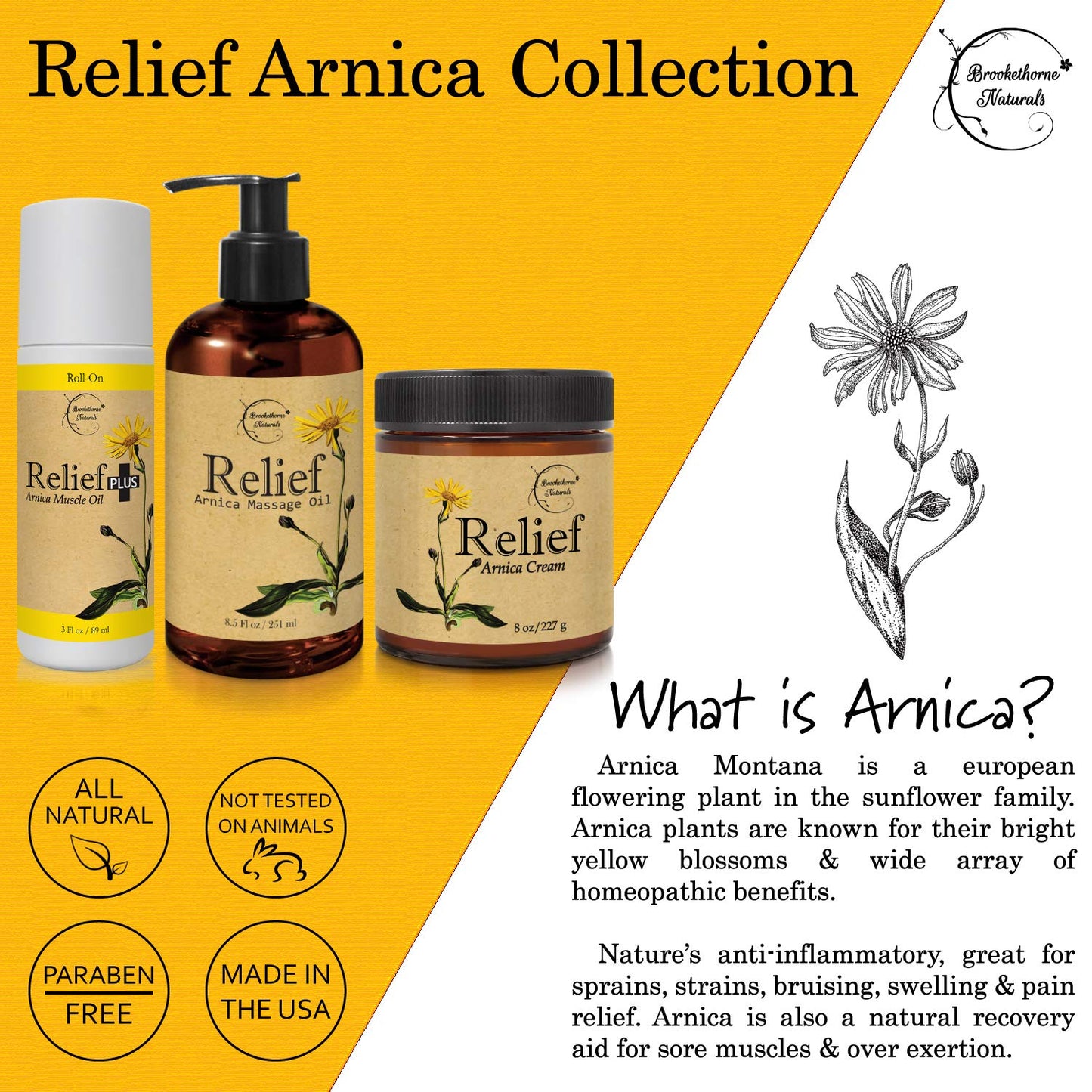 Relief Arnica Cream โ All-Natural Massage Lotion with Lemongrass, Eucalyptus & Rosemary | Brookethorne Naturals
