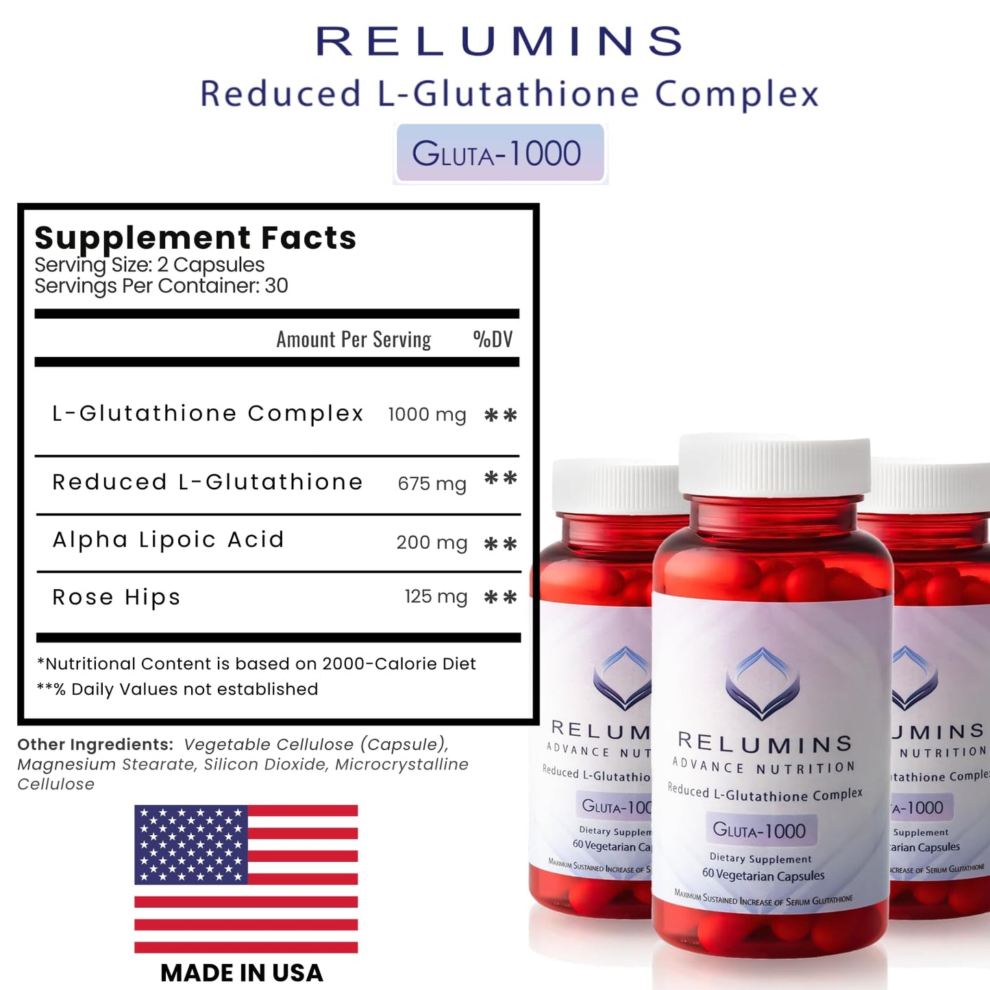 Relumins L-Glutathione 1000mg Complex with Alpha Lipoic Acid β 60 Caps x 3 Bottles