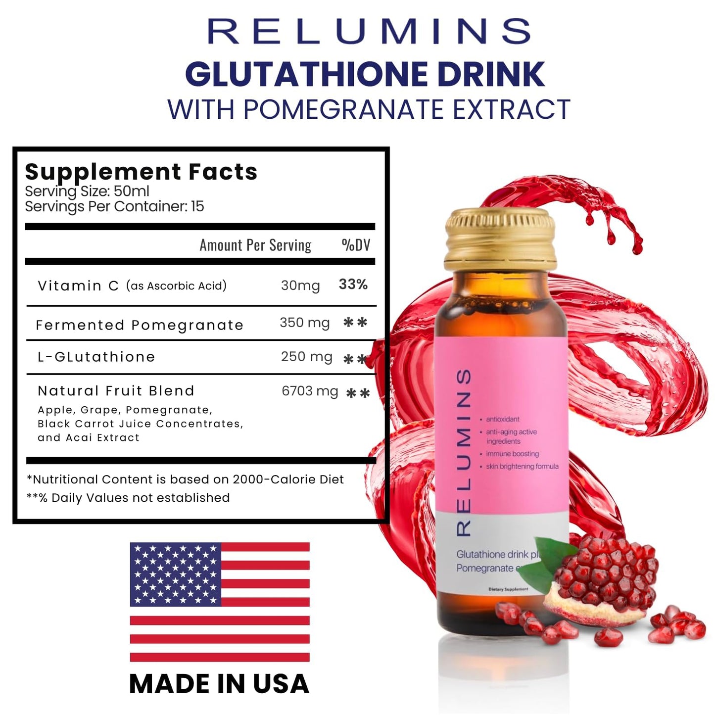 Relumins Glutathione Shots โ Pomegranate Flavor, 20x50ml | Hydration, Collagen & Antioxidant Boost | Made in USA