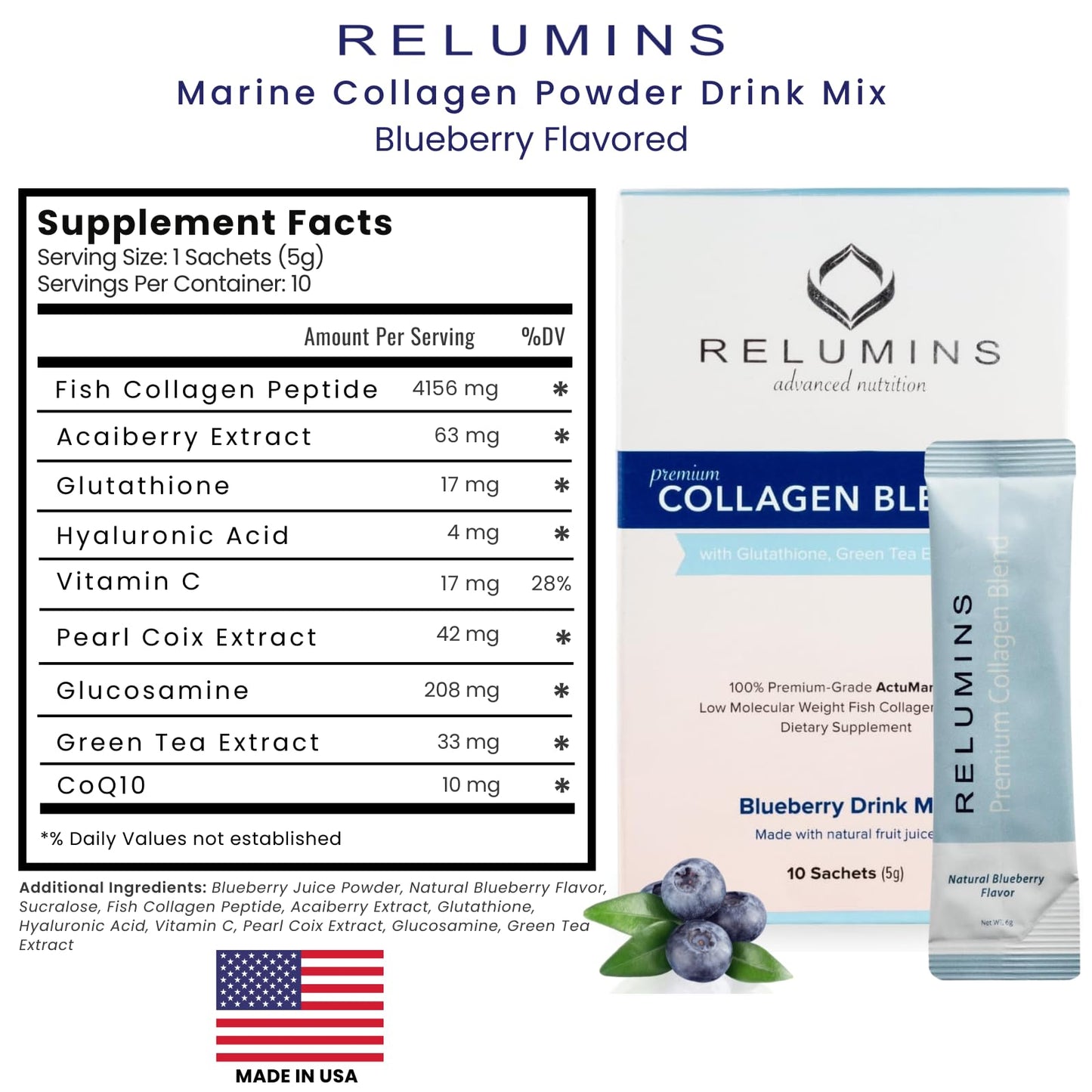 Relumins Marine Collagen Drink Mix 5000mg (Types I, II & III) โ Blueberry Flavor | 20 Sachets + 2 Free