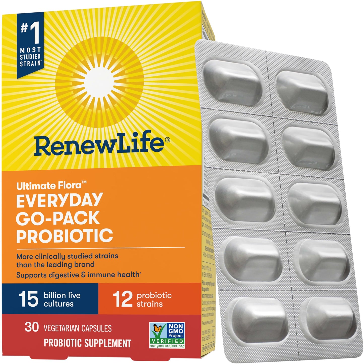 Renew Life Everyday Go-Pack Probiotic Capsules โ 15 Billion CFU, 30 Count | Gluten-Free, Dairy-Free, Soy-Free | L. rhamnosus GG