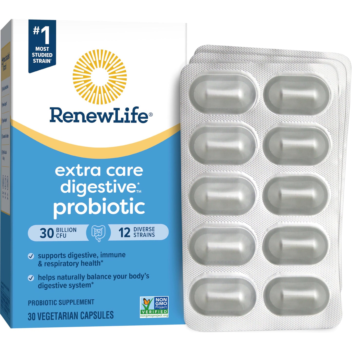 Renew Life Extra Care Go-Pack Probiotic Capsules โ 30B CFU, Immune & Digestive Support