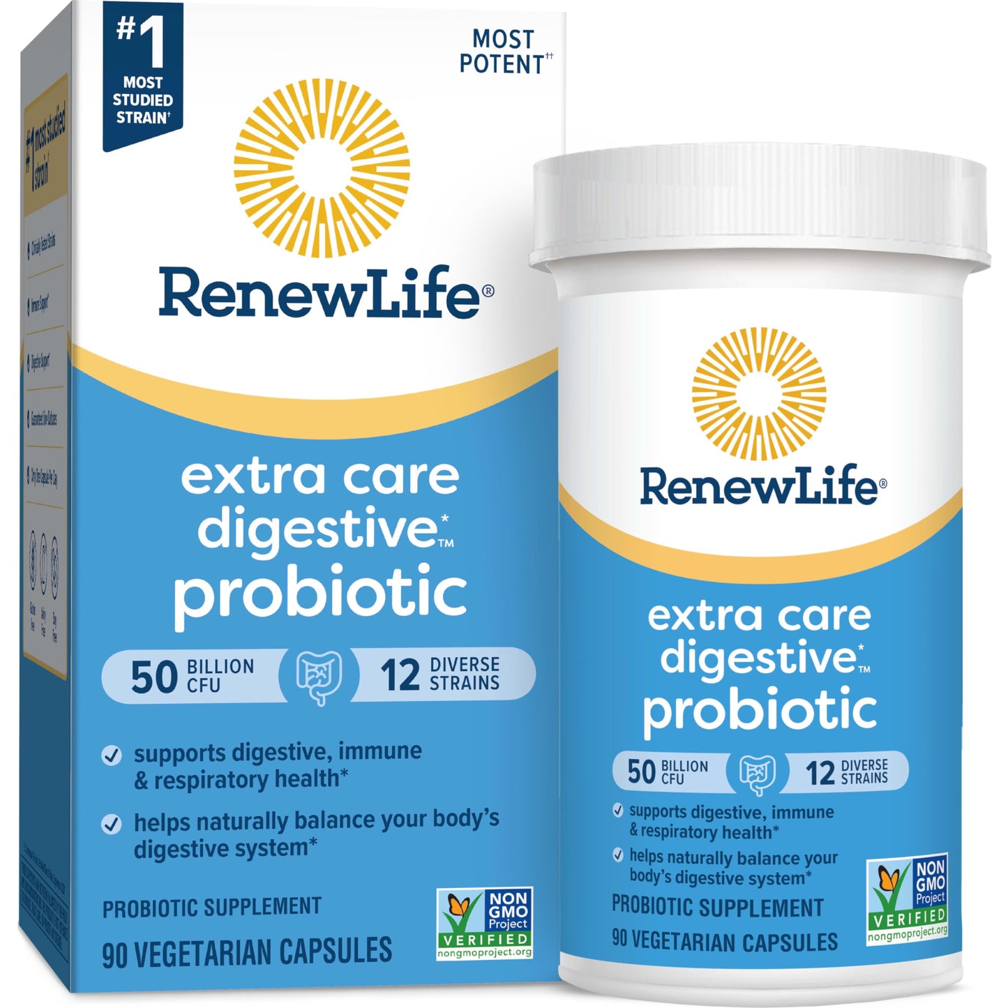 Renew Life Extra Care Probiotic β 50 Billion CFU, 12 Strains, 90 Caps | Gluten-Free, Dairy-Free, Soy-Free