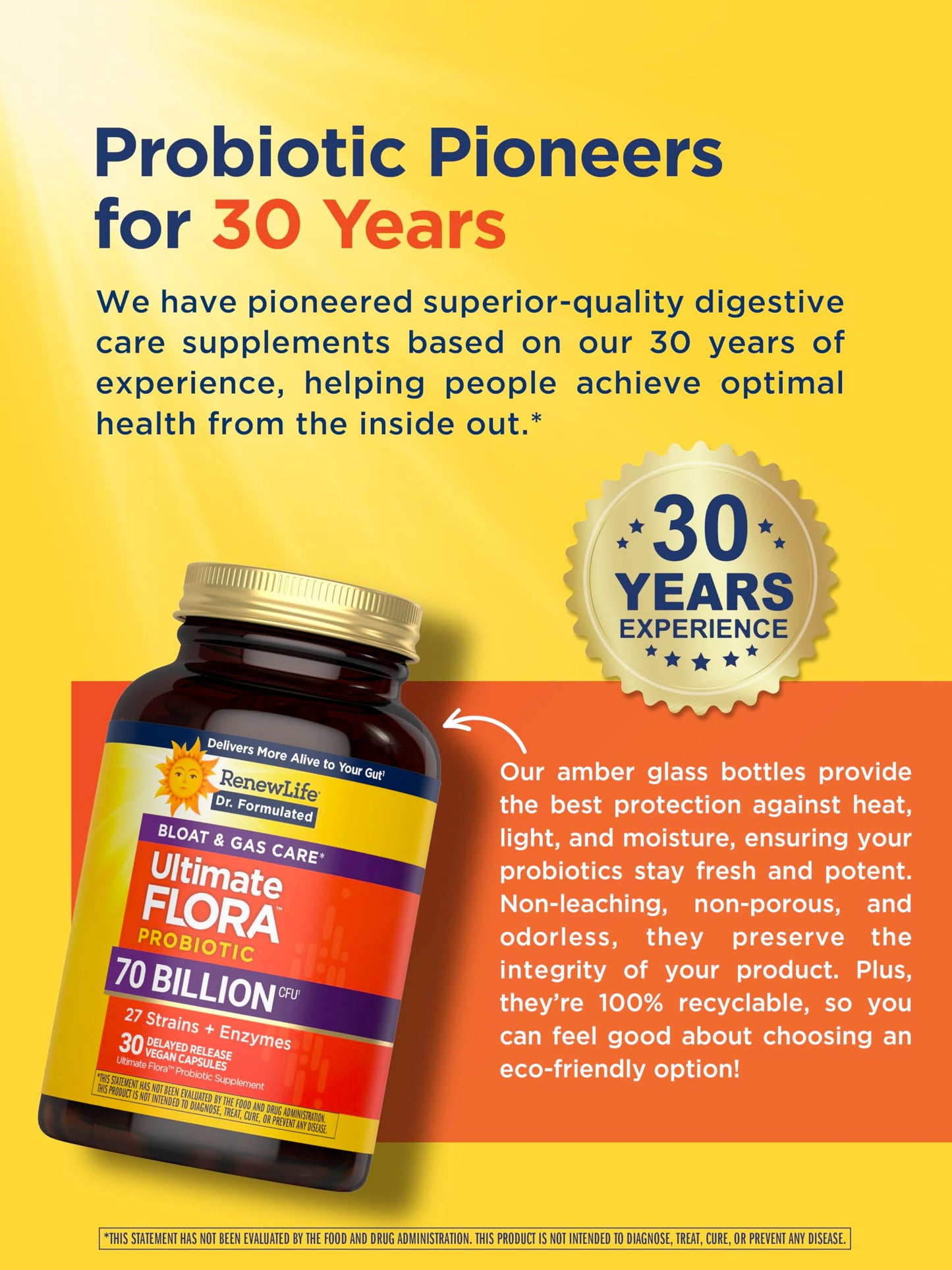 Renew Life Ultimate Flora Probiotics 70 Billion CFU โ Gas & Bloat, Delayed Release Vegan Capsules (30 Count)