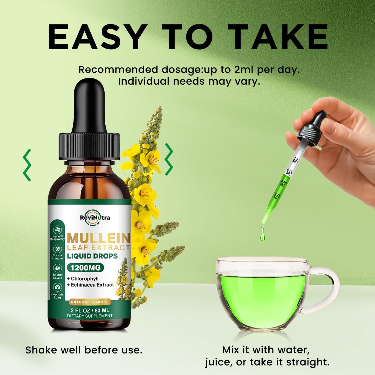 ReviNutra Mullein Drops for Lungs โ 1200mg Mullein Leaf Liquid (2 fl oz)