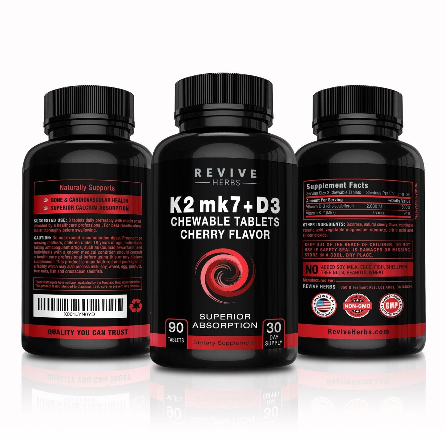 Revive Herbs Vitamin K2 D3 Cherry Chewables β MK7 75 mcg + D3 2000 IU for Bone & Heart Health | 90-Count