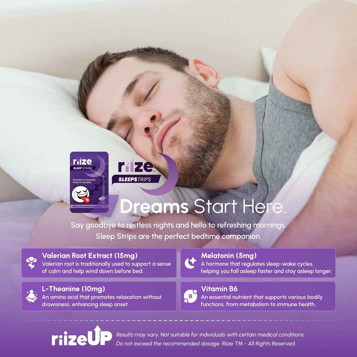 Riize Sleep Strips โ Fast Acting Dissolvable Sleep Aid with 5mg Melatonin, Valerian, L-Theanine, Vitamin B6 | Vegan (3 Count)