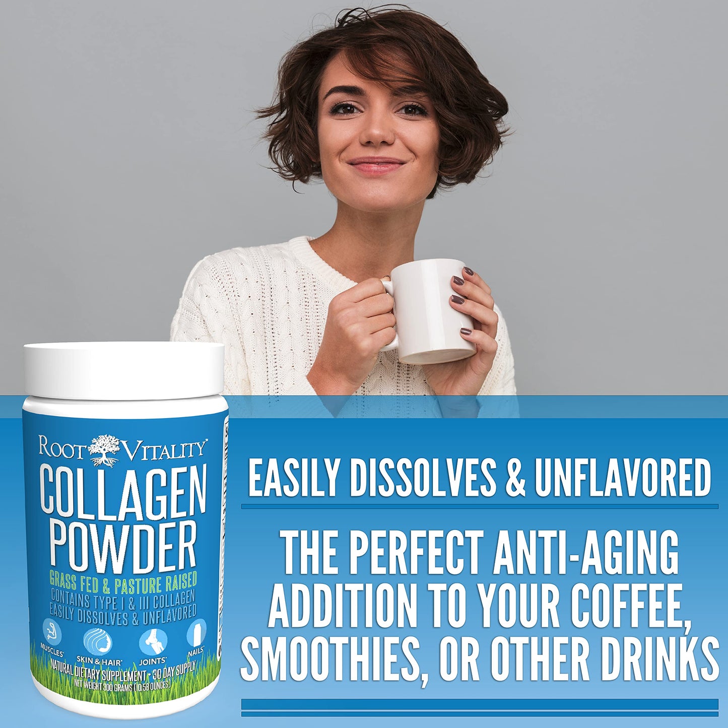 Root Vitality Collagen Peptides Powder โ Grass-Fed, Non-GMO, Skin, Hair & Nails, 30 Servings