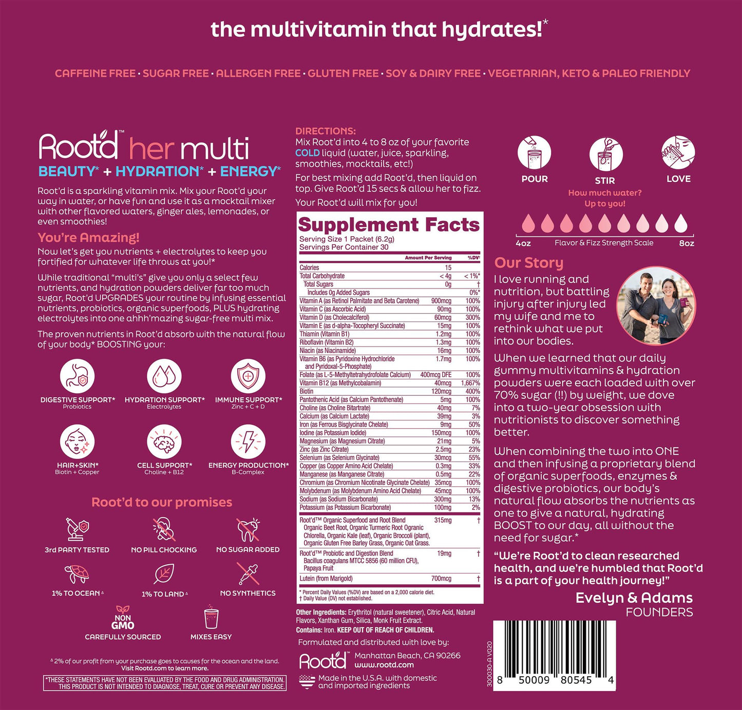 Root'd Multivitamin Powder for Women β 25 Vitamins & 3x Electrolytes | 9 Organic Superfoods | Sugar-Free Hydration | 30 Packets