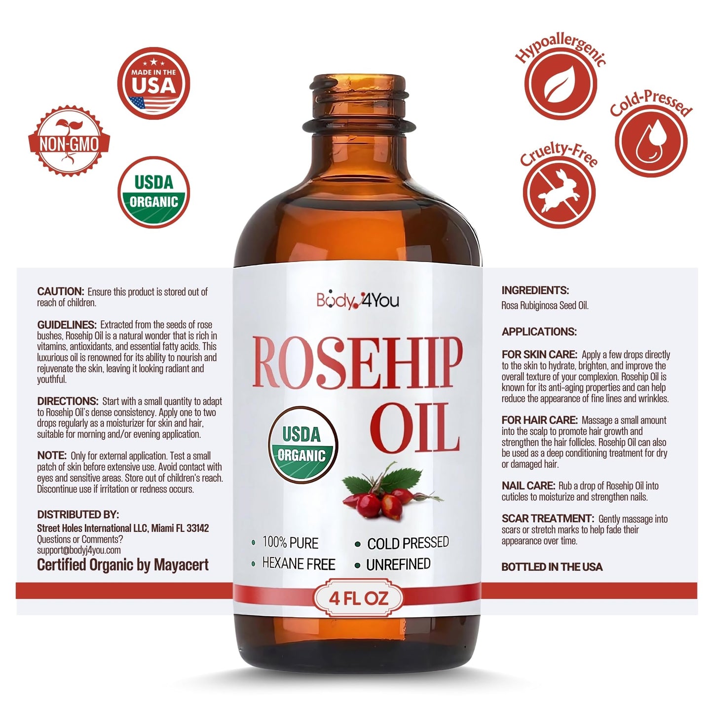 BodyJ4You Rosehip Oil for Face โ 100% Pure Organic Cold-Pressed (4 oz)