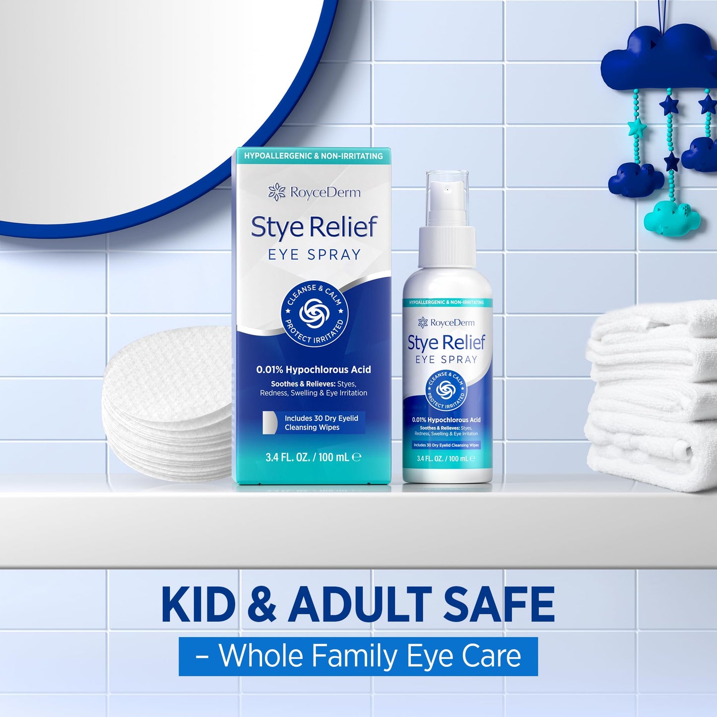 RoyceDerm Stye Eye Spray β Gentle HOCl Eyelid Cleaner with 30 Dry Wipes | No-Rinse Daily Eye Care (3.4 fl oz)