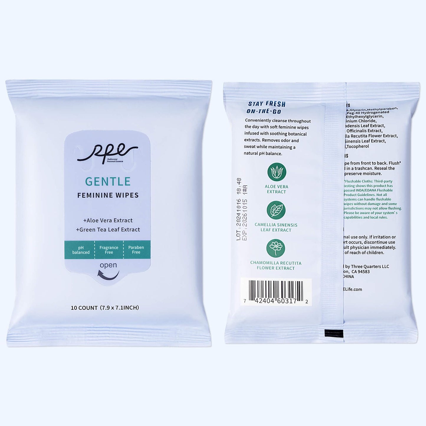 RPE Life Large Feminine Wipes β pH Balanced, Unscented, Flushable (10ct x 4)