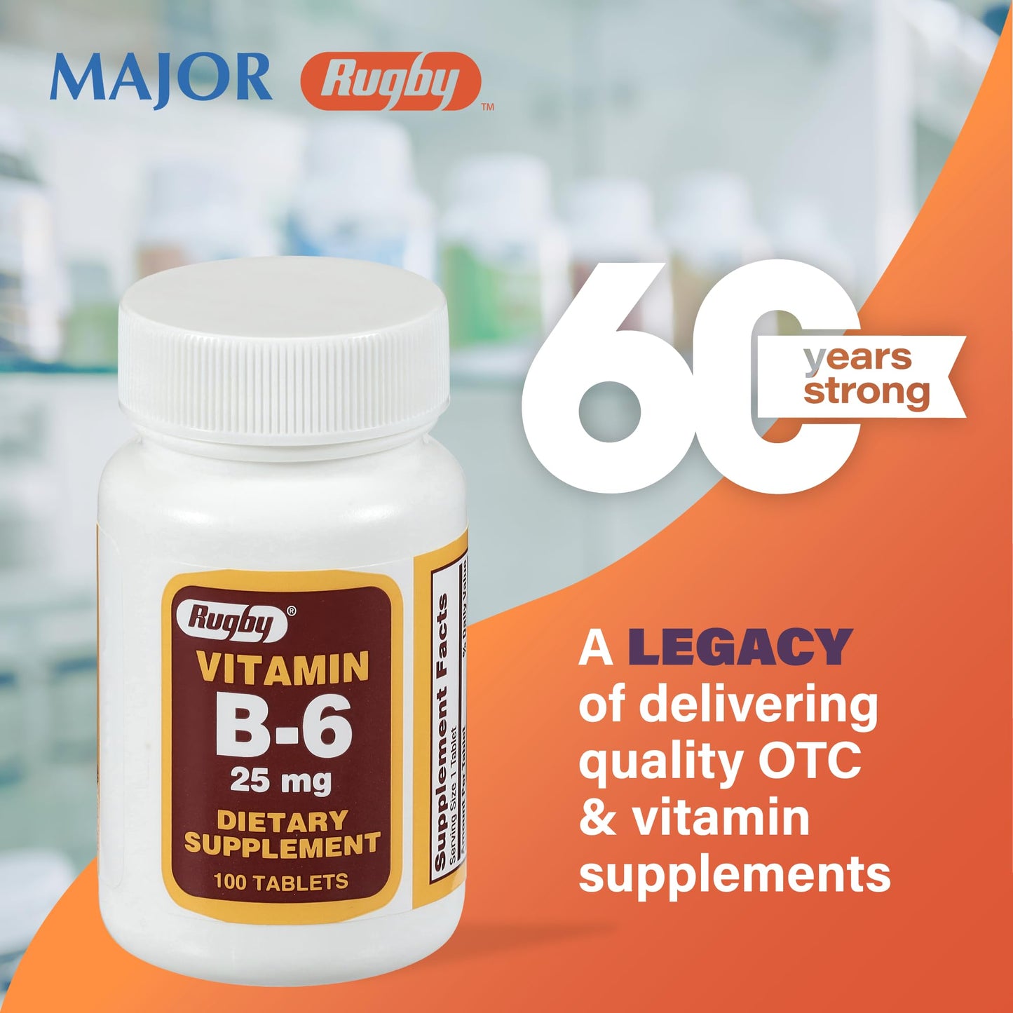 Rugby Vitamin B-6 Tablets 25mg โ Dietary Supplement, 100 Count (1 Pack)