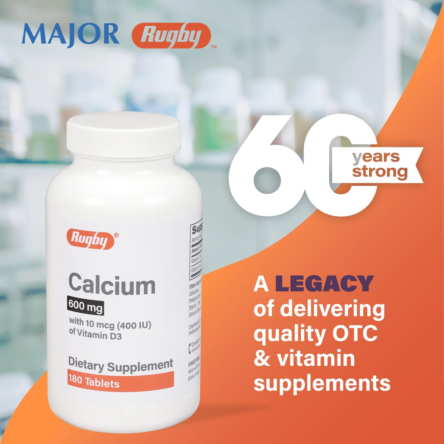 Rugby Calcium Tablets 600mg with Vitamin D3 10mcg (400IU) โ 180 Count