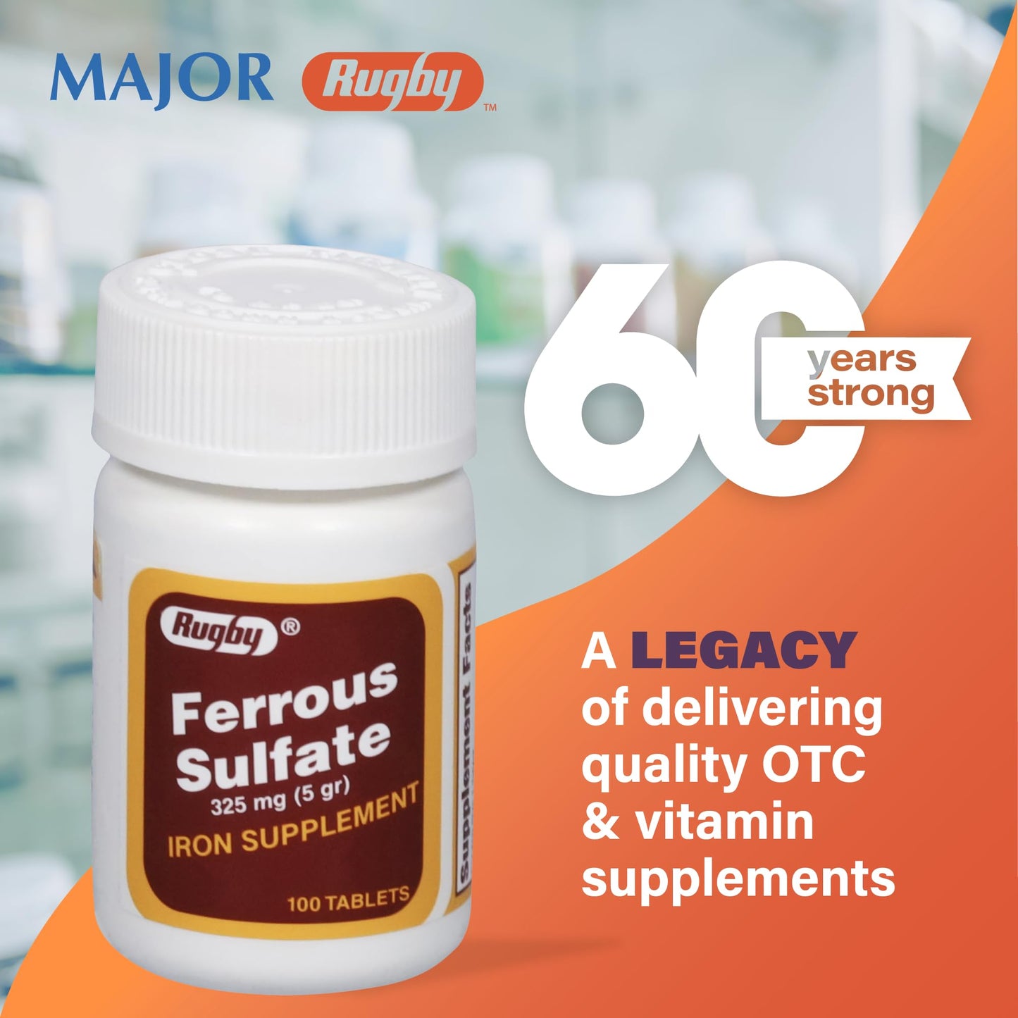 Rugby Ferrous Sulfate 325mg Tablets โ Iron Supplement for Women & Men | 100 Count (1 Pack)
