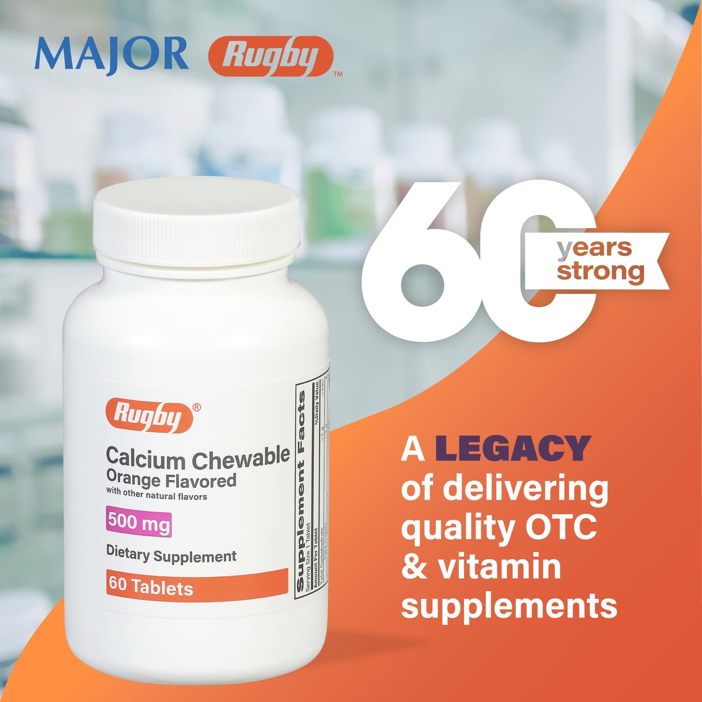 Rugby 500mg Calcium Chewable Tablets - Orange Flavor - 60 Count (1 Pack) | Dietary Supplement