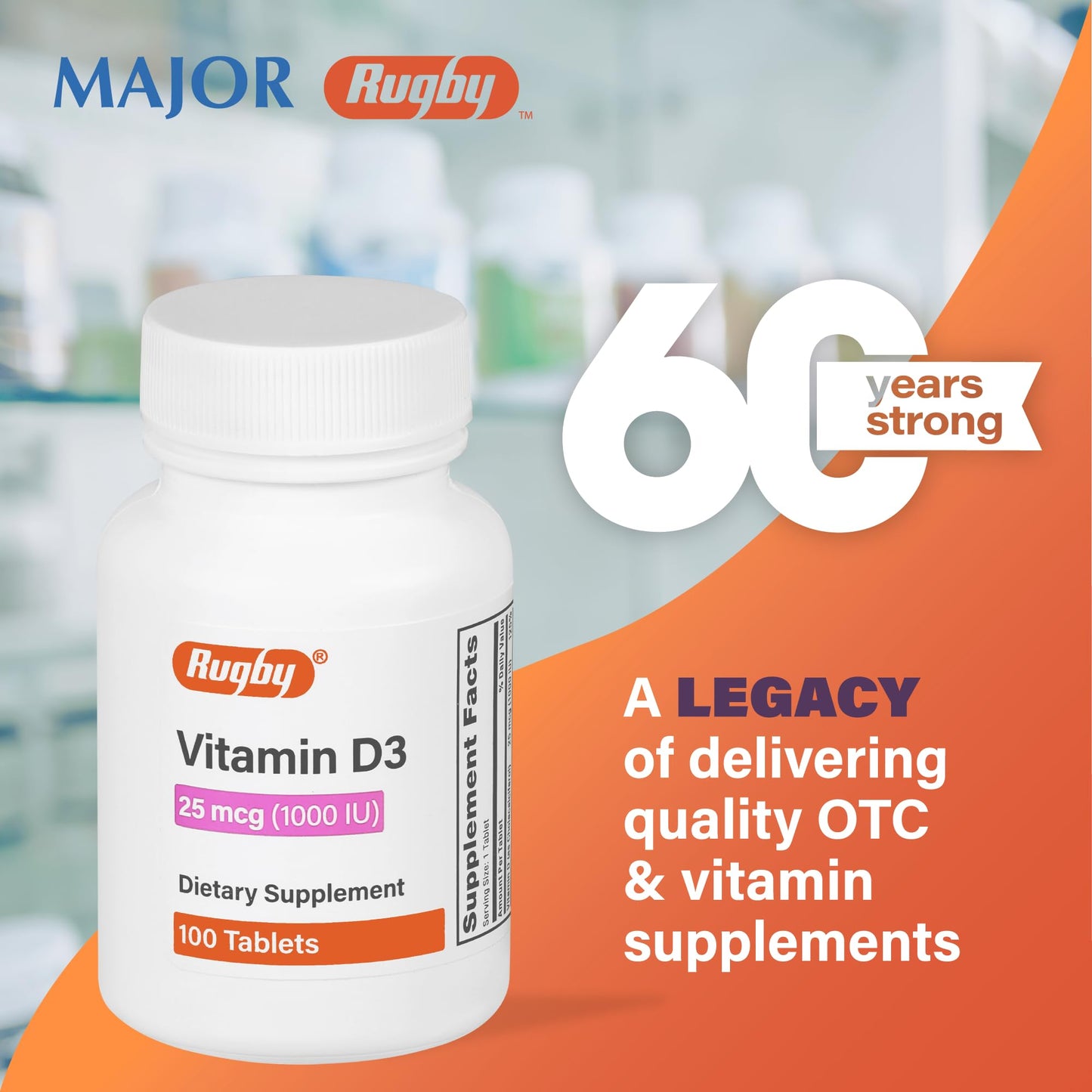 Rugby Vitamin D3 1000 IU (25 mcg) โ 100 Tablets | Dietary Supplement