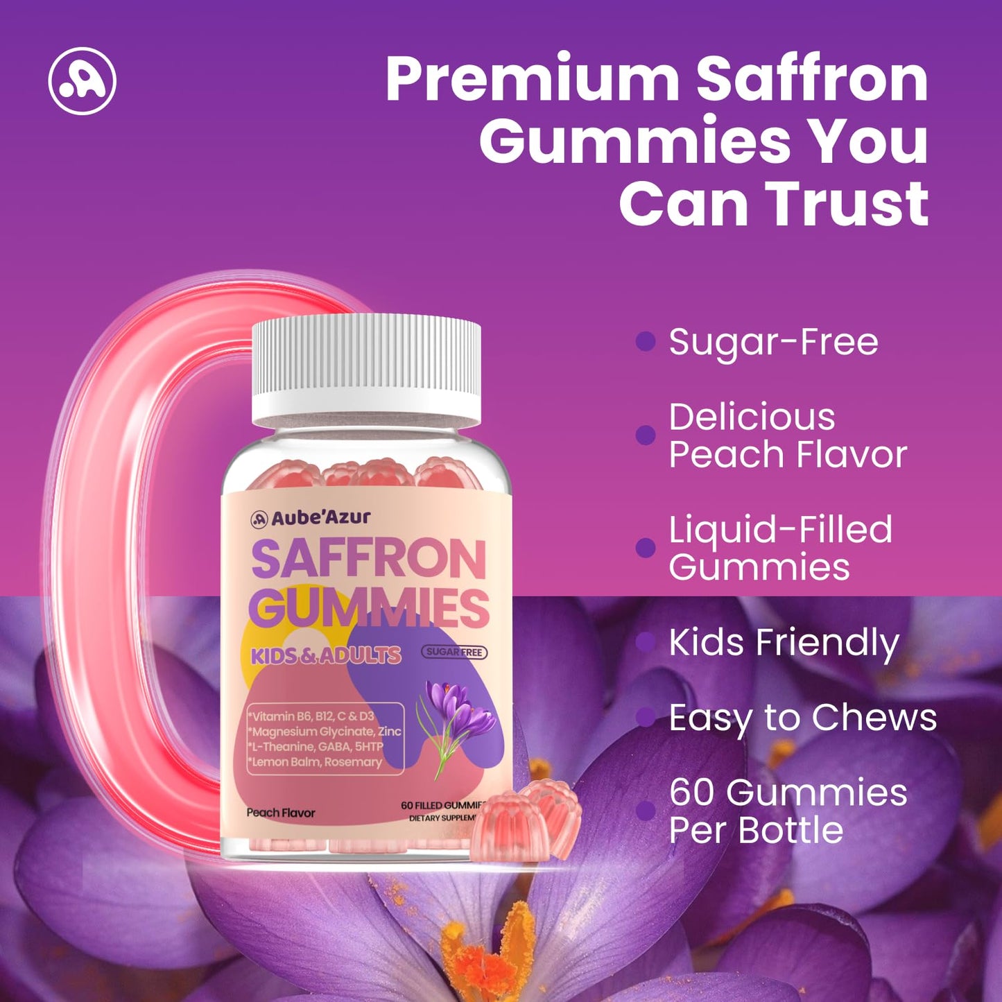 Saffron Gummies for Kids & Adults โ 60 Count, 88.5mg, 15-in-1 Peach Flavor