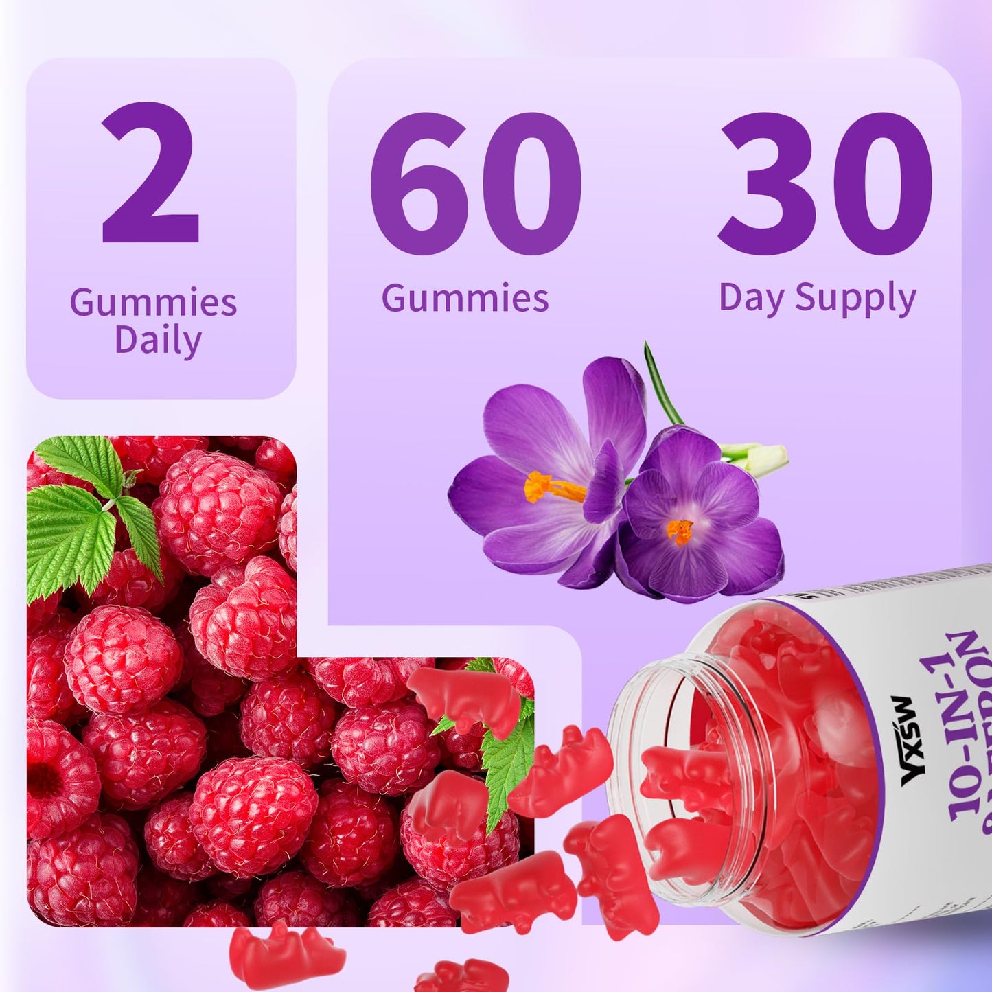 Saffron Gummies 60 Count โ Raspberry Flavor, 10-in-1 Focus, Mood & Sleep Support