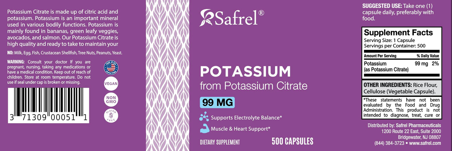 Safrel Potassium 99mg Citrate Capsules โ 500 Servings | Non-GMO, Gluten Free, Vegan, Halal