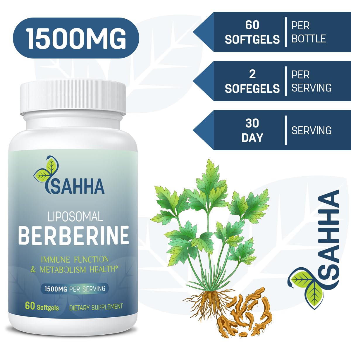 Sahha Liposomal Berberine HCL 1500mg โ Supports AMPK & GLP-1 Activation, High Bioavailability for Men and Women Overall Health Supplement (2 Pack)