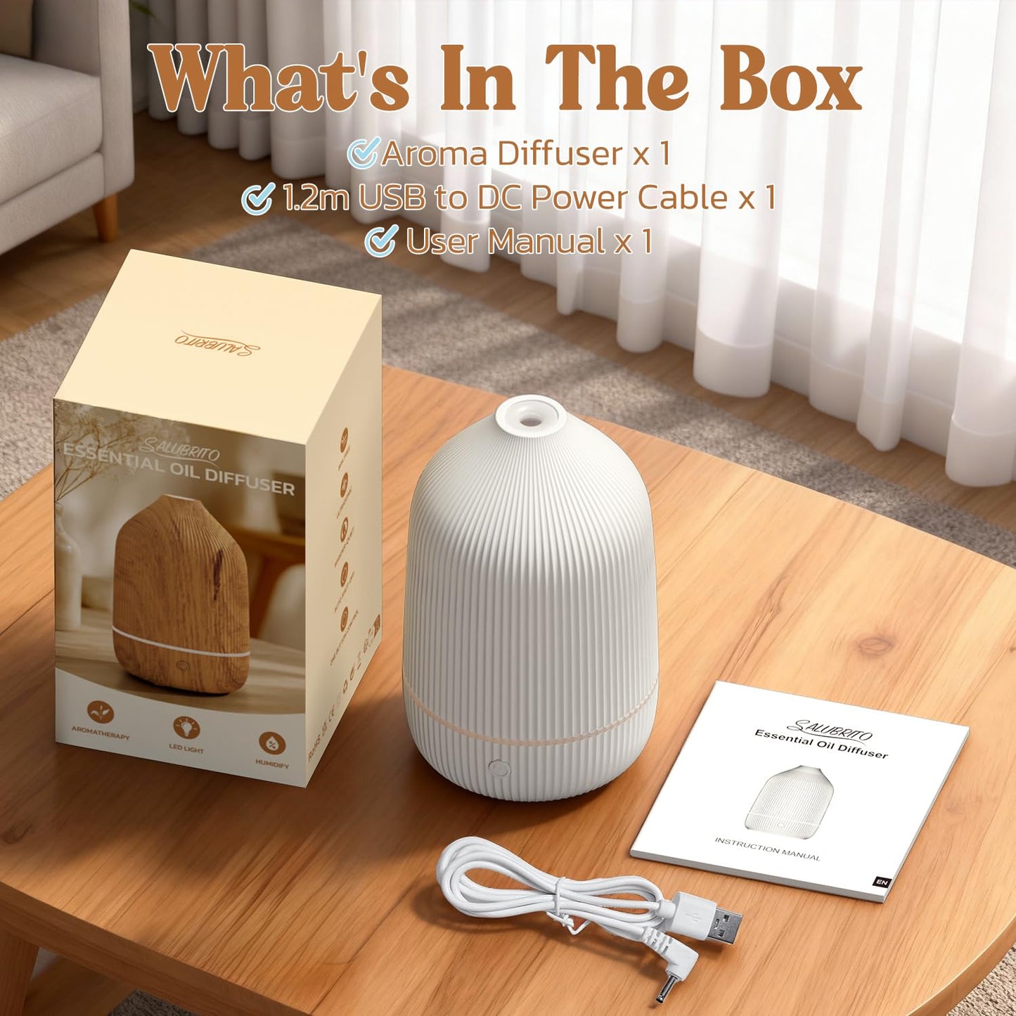 SALUBRITO Essential Oil Diffuser 100ml โ Mini Ultrasonic, 7 LED Lights, Auto Shut-Off, White