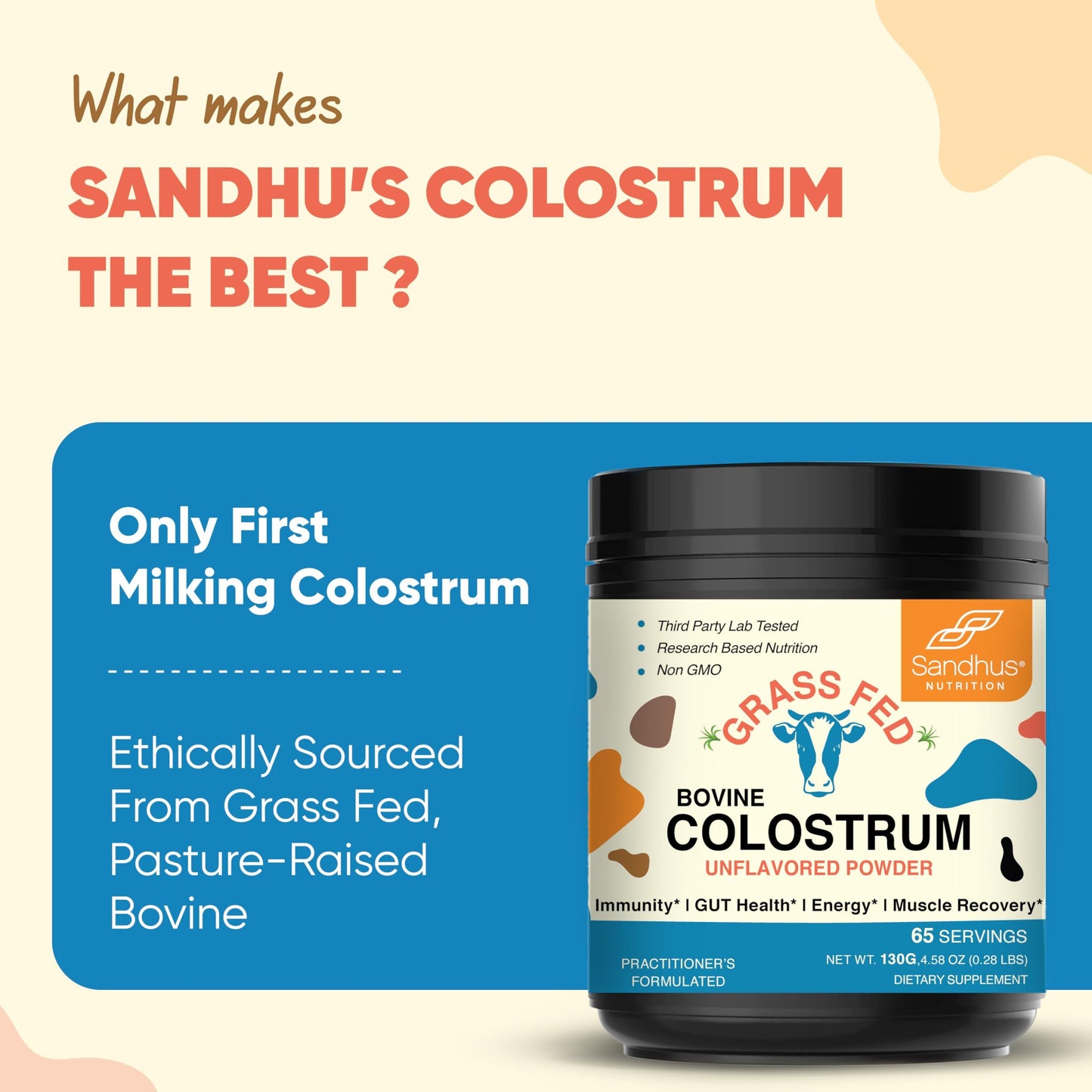 Sandhu's Grass-Fed Bovine Colostrum Powder β 65 Servings, Unflavored