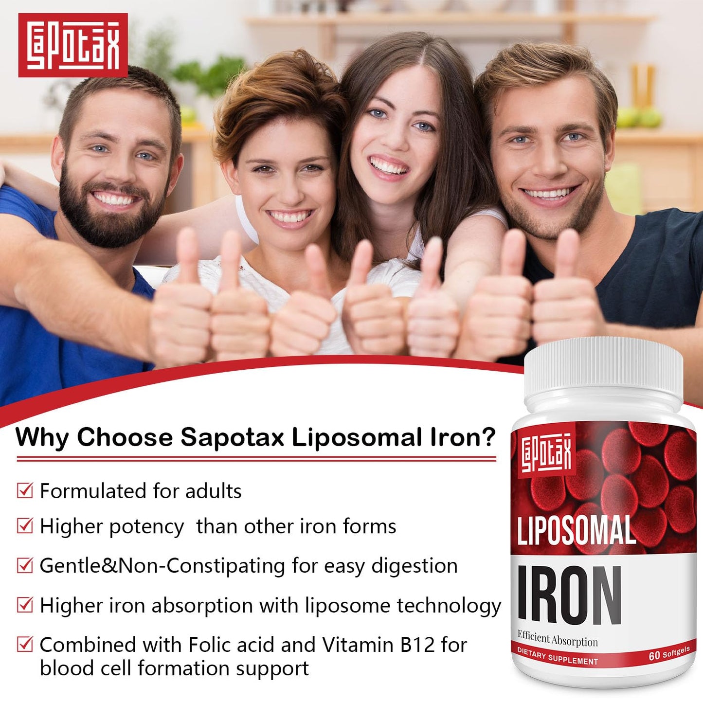 Sapotax Liposomal Fe Iron Supplement for Women & Men β 65 mg Iron, Folic Acid & B12 (60 Softgels, 2 Bottles)