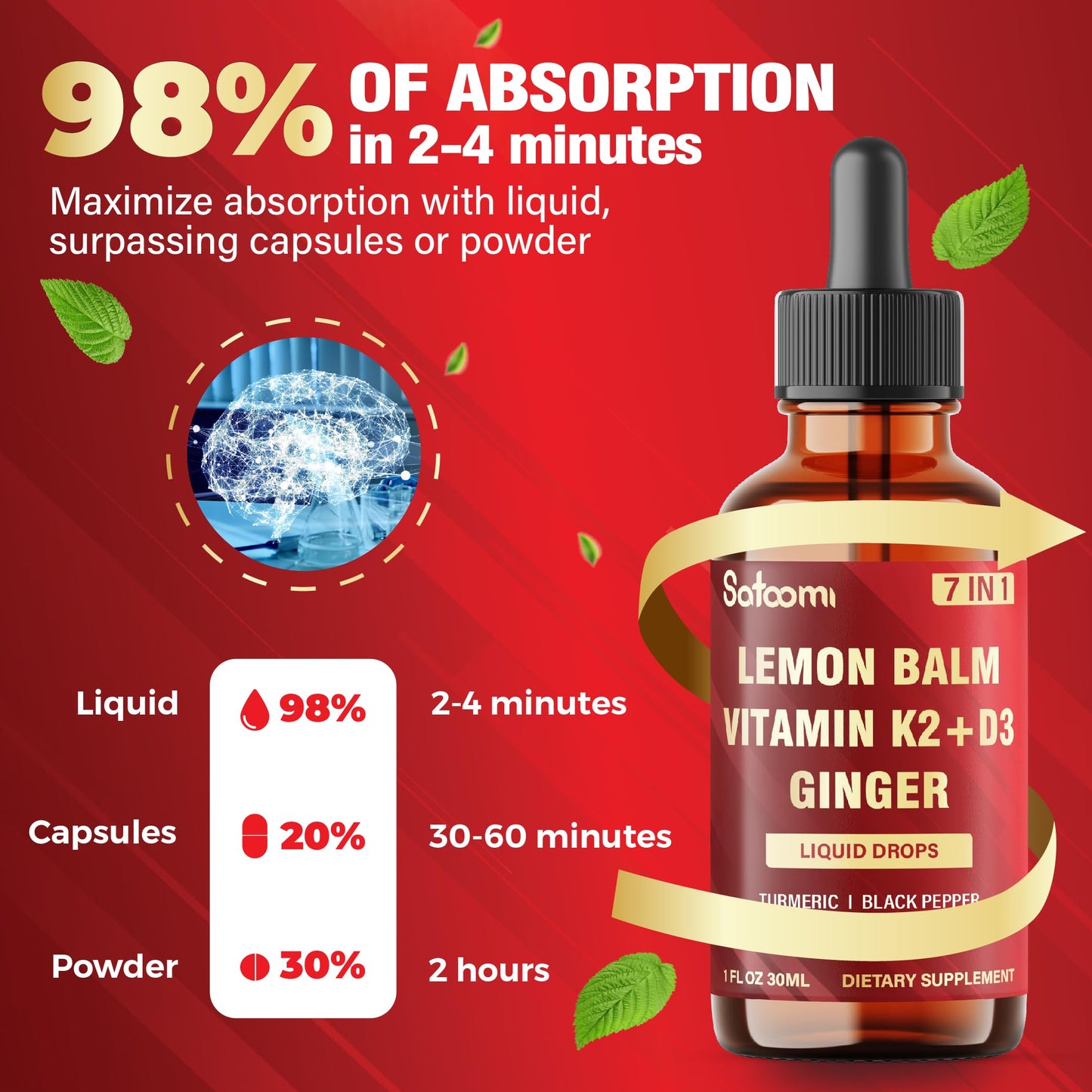 Satoomi 7in1 Lemon Balm Tincture with D3, K2, Ginger, Turmeric, Cinnamon & Black Pepper โ 1 fl oz, 60 Day Supply