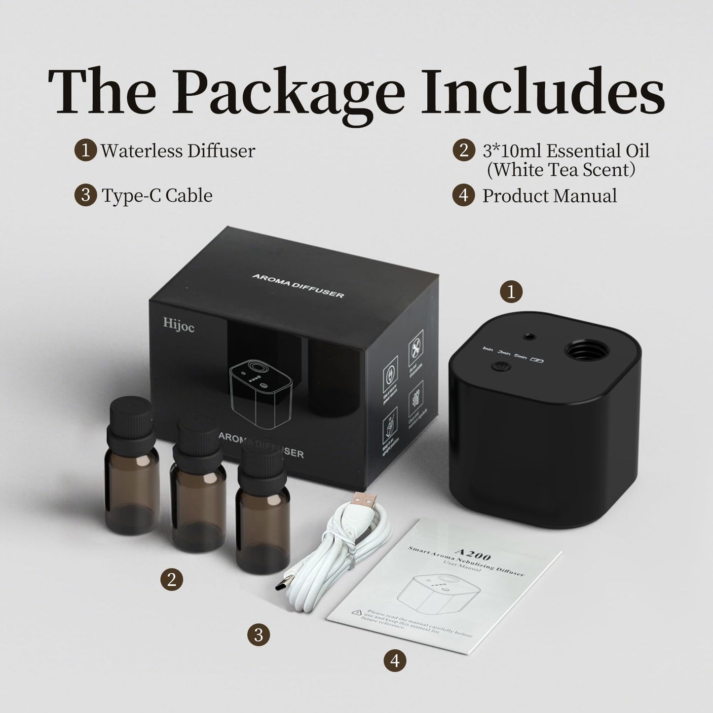 Scent Diffuser โ Battery-Operated Waterless Essential Oil Diffuser, Mini Portable, 3 Mist Modes, 400 sq ft, Black