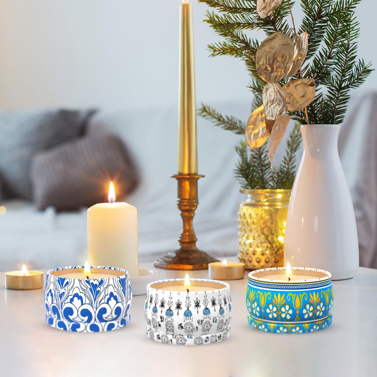 3-Pack Scented Candles Gift Set โ 2.5oz Soy Travel Tin Candles (Amber Musk, Lemon, Lavender)