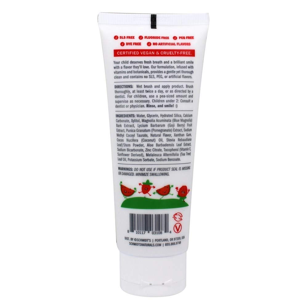 Schmidt's Toothpaste Kids Watermelon Strawberry, 4.7 oz โ Natural Fluoride-Free Kids Toothpaste