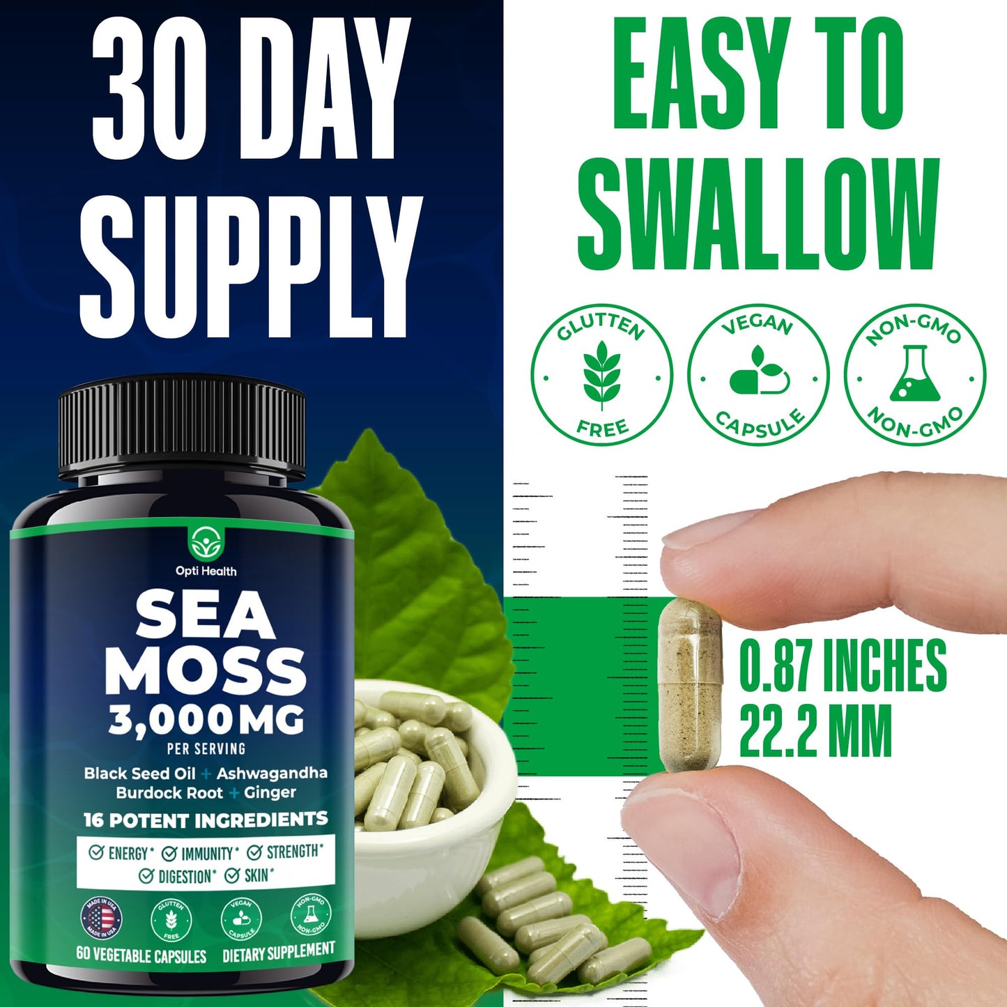 Sea Moss Black Seed Oil Ashwagandha Ginger โ All-in-One Irish Sea Moss Capsules