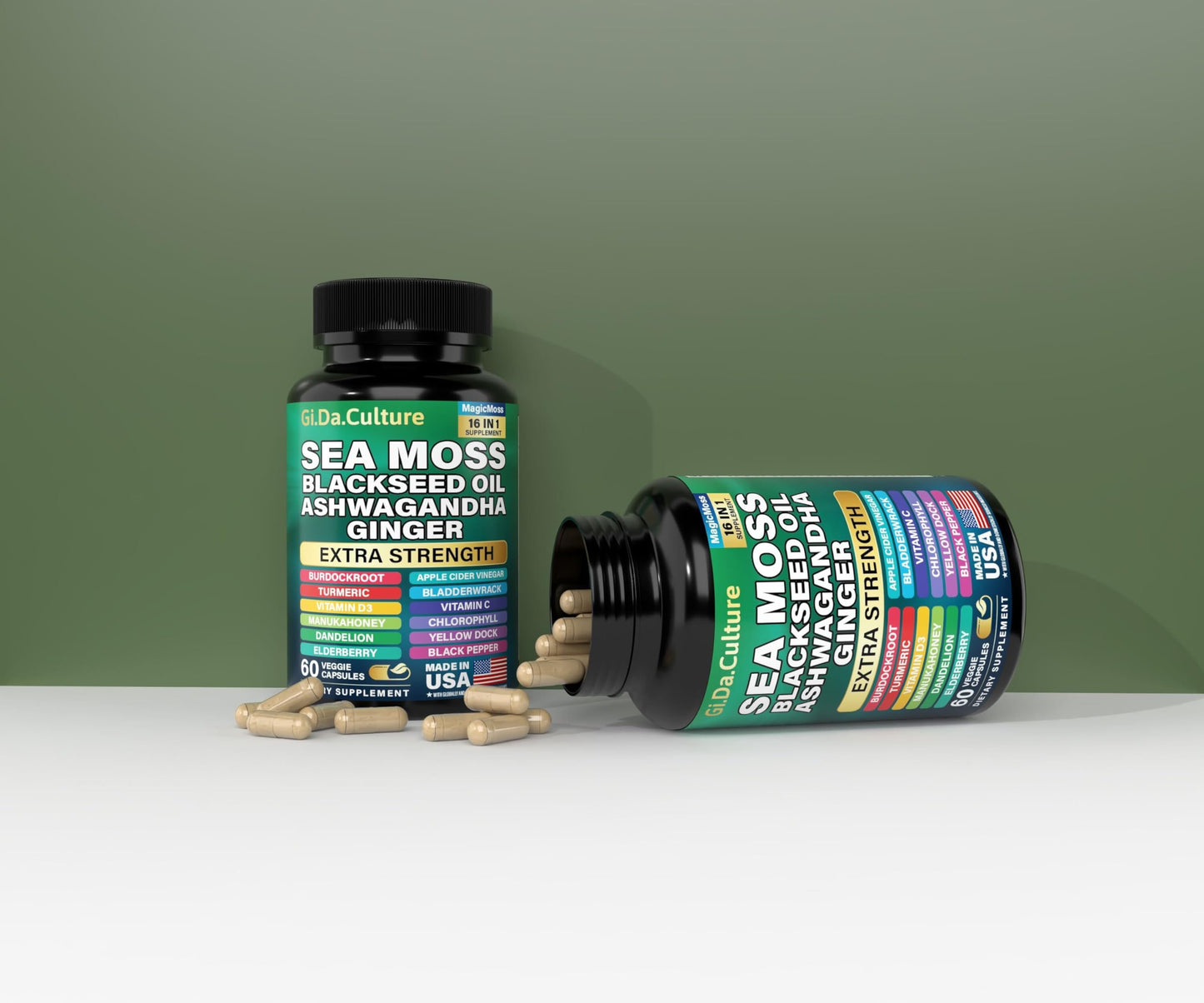 Sea Moss Capsules โ Organic Irish Sea Moss with Black Seed Oil, Ashwagandha, Ginger, Turmeric & More (60 Veggie Capsules) for Men & Women