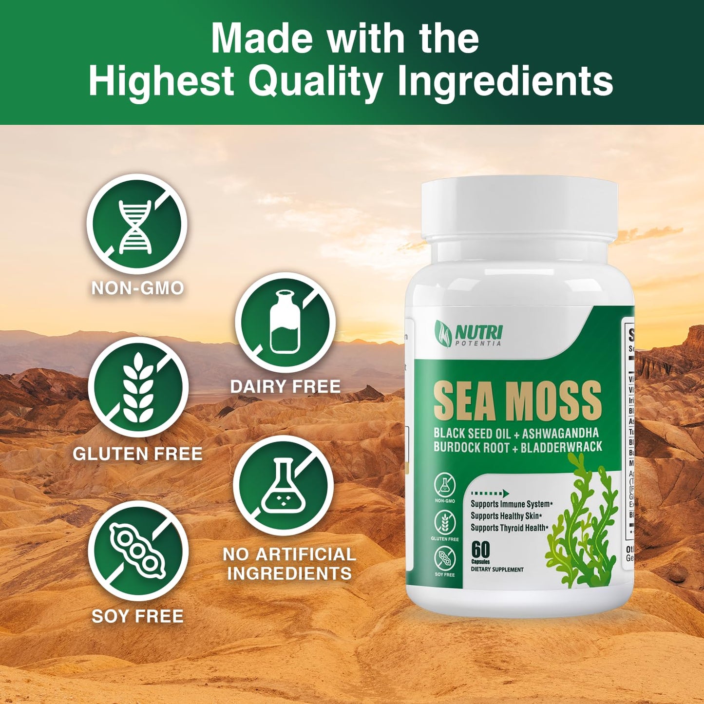 Irish Sea Moss Capsules with Black Seed Oil, Ashwagandha & Ginger โ 16-in-1 Immune, Joint & Gut Support (60 Capsules)