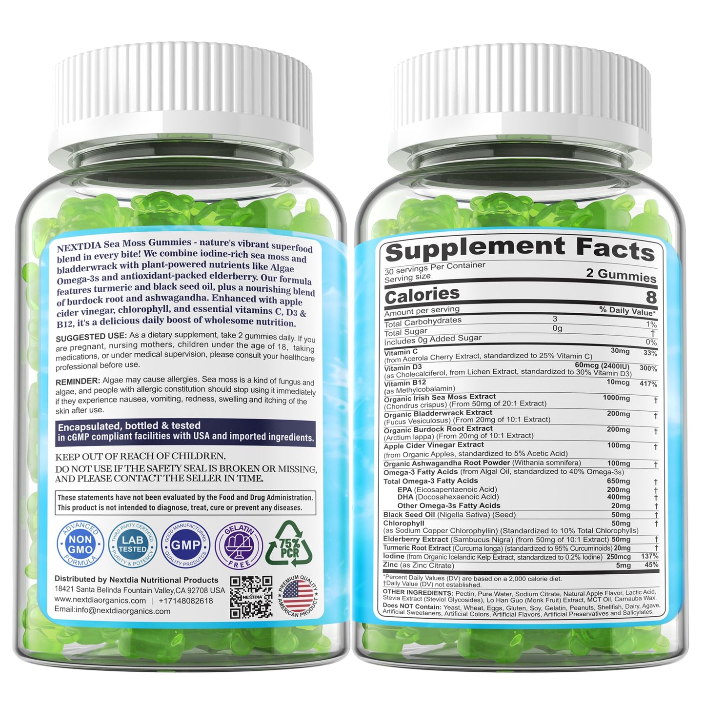 2 Pack Sea Moss Gummies + Algae Omega-3 โ Sugar-Free, 15-in-1 Vegan Irish Sea Moss