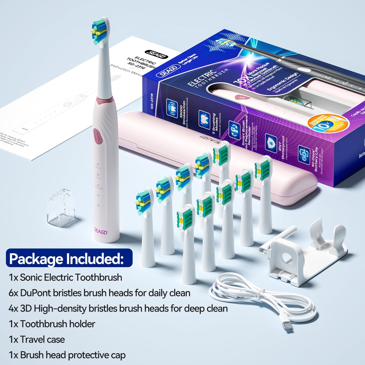 SEAGO SG-2316 Pink Electric Toothbrush โ 10 Brush Heads, Travel Case, Smart Timer
