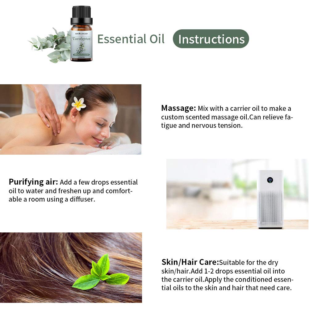 Sedbuwza Peppermint & Eucalyptus Essential Oil Set โ 2 x 10 ml for Diffuser, Aromatherapy, Massage