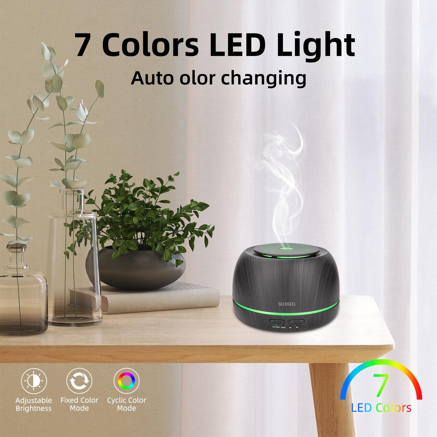 SEEDSEEL 300ML Essential Oil Diffuser โ Ultrasonic Aromatherapy with Remote, 7-Color Lights, 8H Run Time