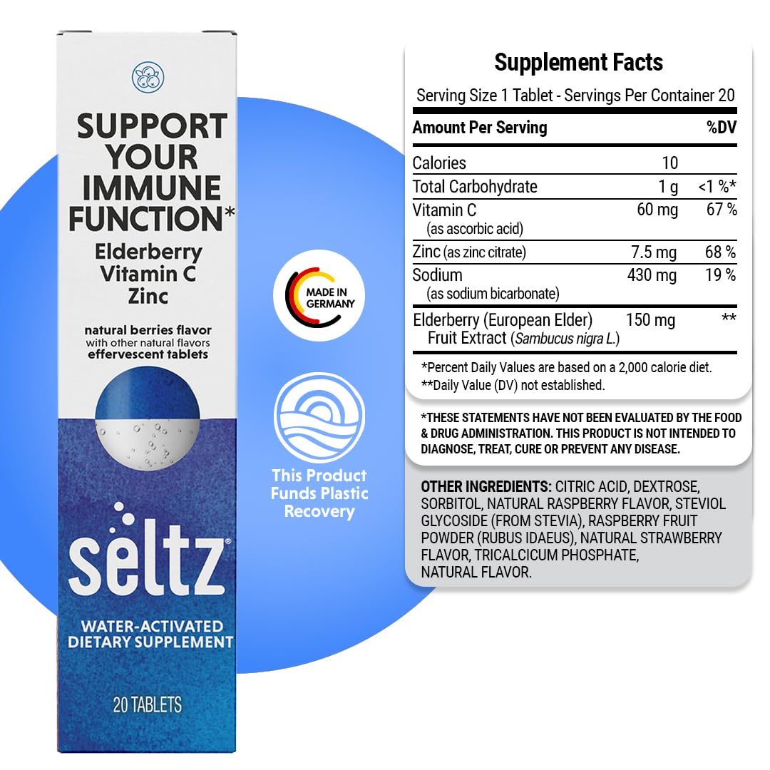 Seltz Berry Immune Support โ Effervescent Vitamins with Vitamin C, Elderberry & Zinc (20 Tablets)