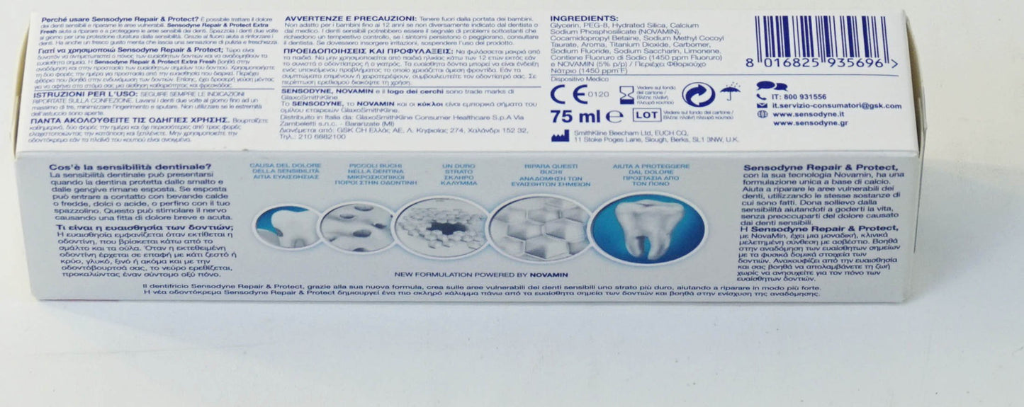 Sensodyne Repair & Protect Extra Fresh Toothpaste with NovaMin โ 75ml (2.53 oz) Tube, Pack of 4 (Italian Import)