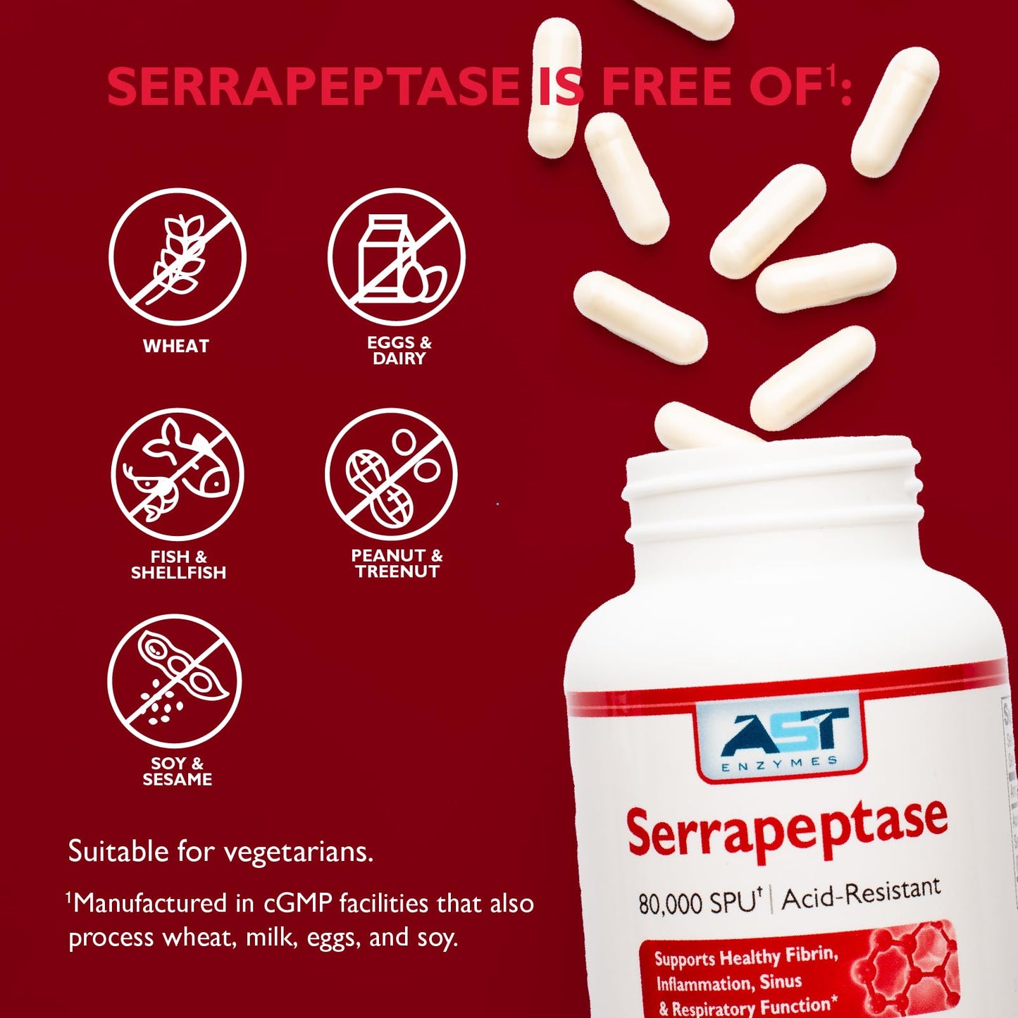 AST Enzymes Serrapeptase 80,000 SPU โ 300 Vegetarian Capsules | Acid-Resistant Systemic Enzymes