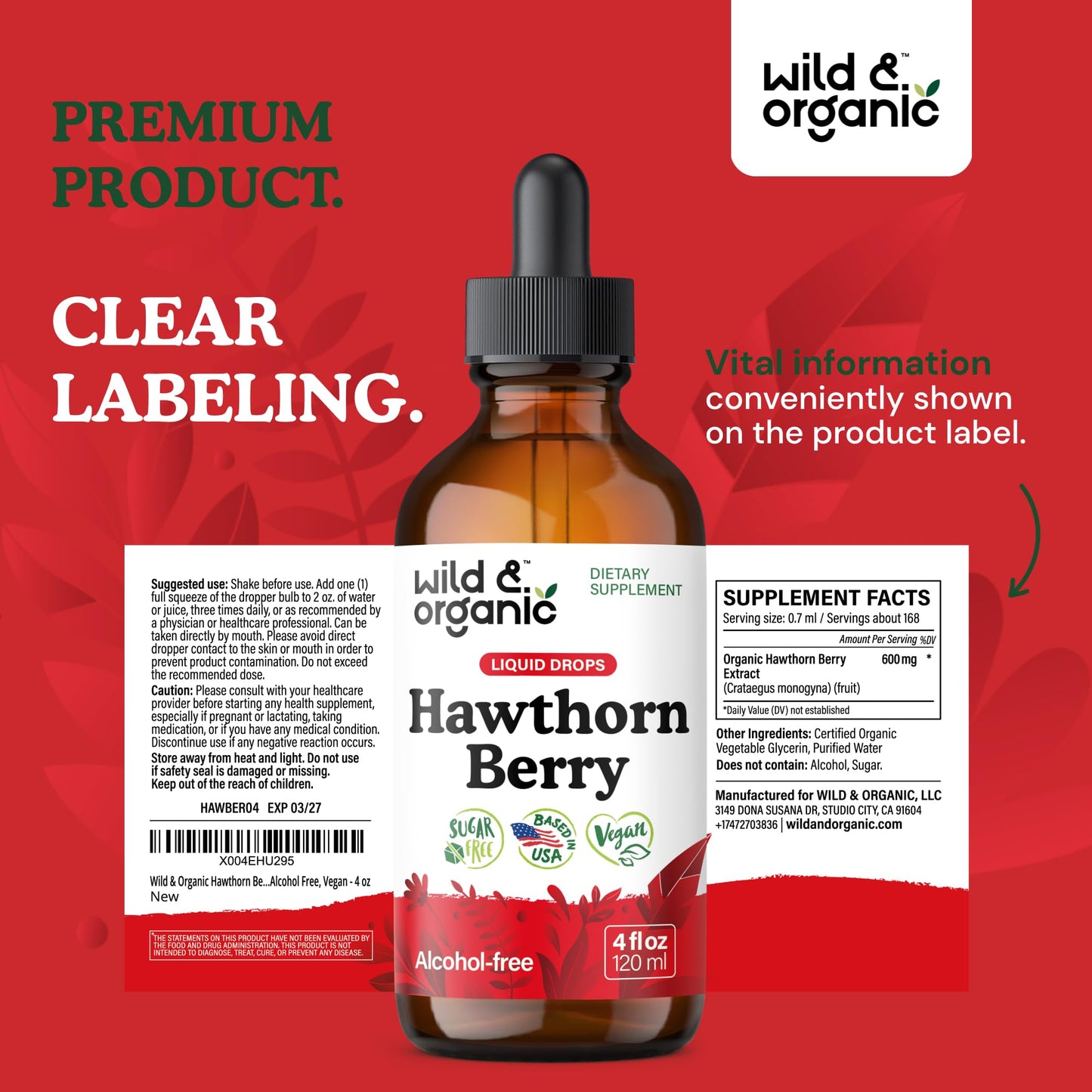 Wild & Organic Hawthorn Berry Tincture 600 mg โ Vegan, Alcohol-Free Liquid Drops, 4 fl oz