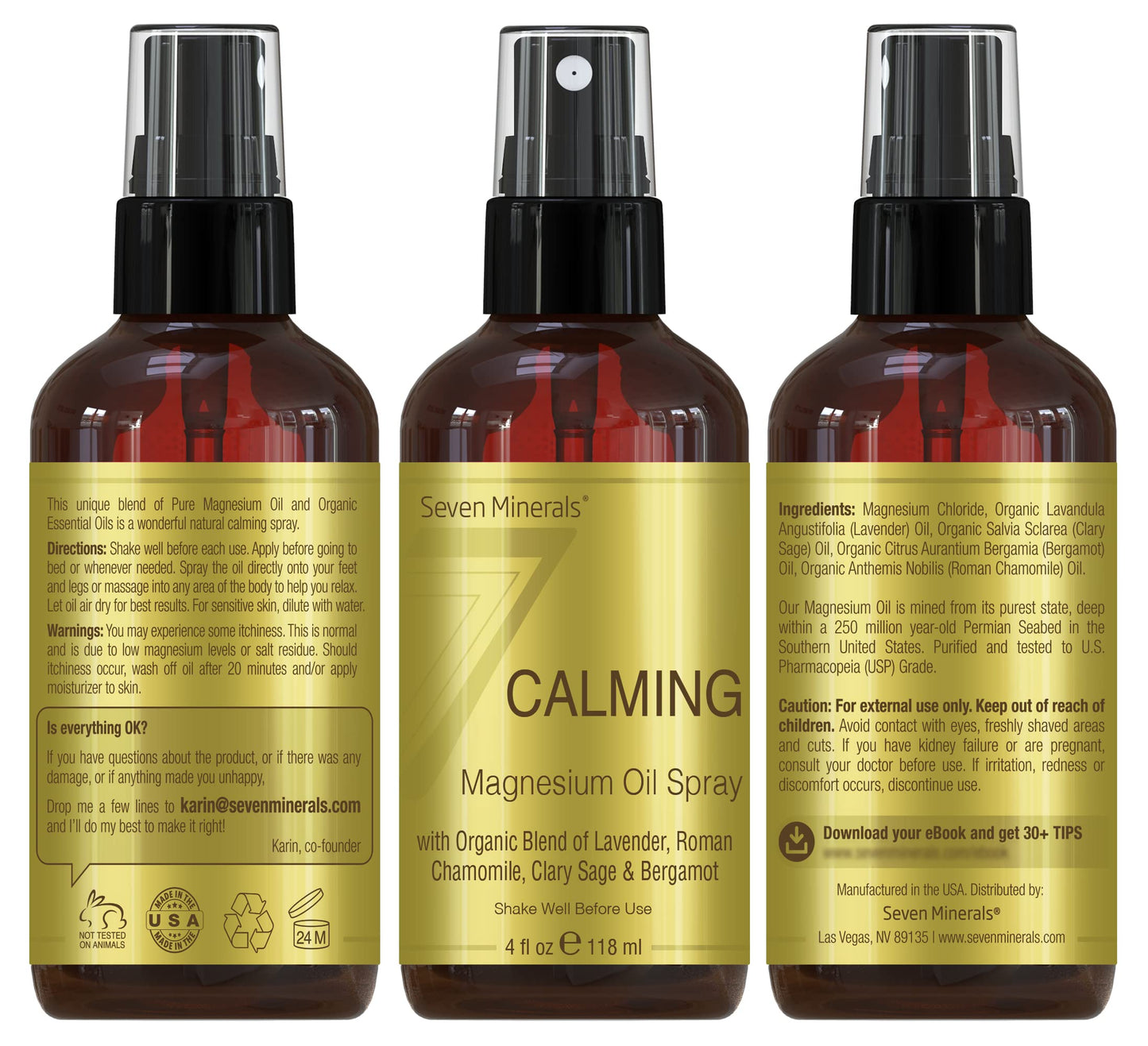 Seven Minerals Calming Magnesium Spray โ All-Natural Essential Oils Blend | Made in USA | 4 oz | Free eBook