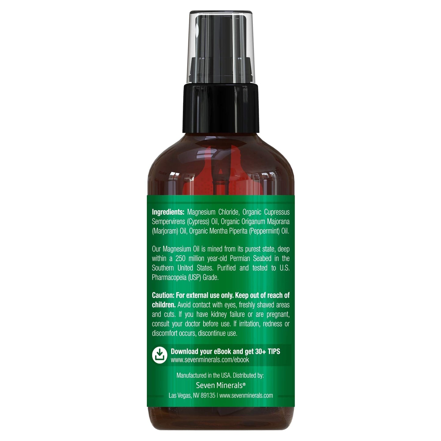 Seven Minerals Magnesium Oil Spray โ USA Made with Cypress, Sweet Marjoram & Peppermint (4 oz)
